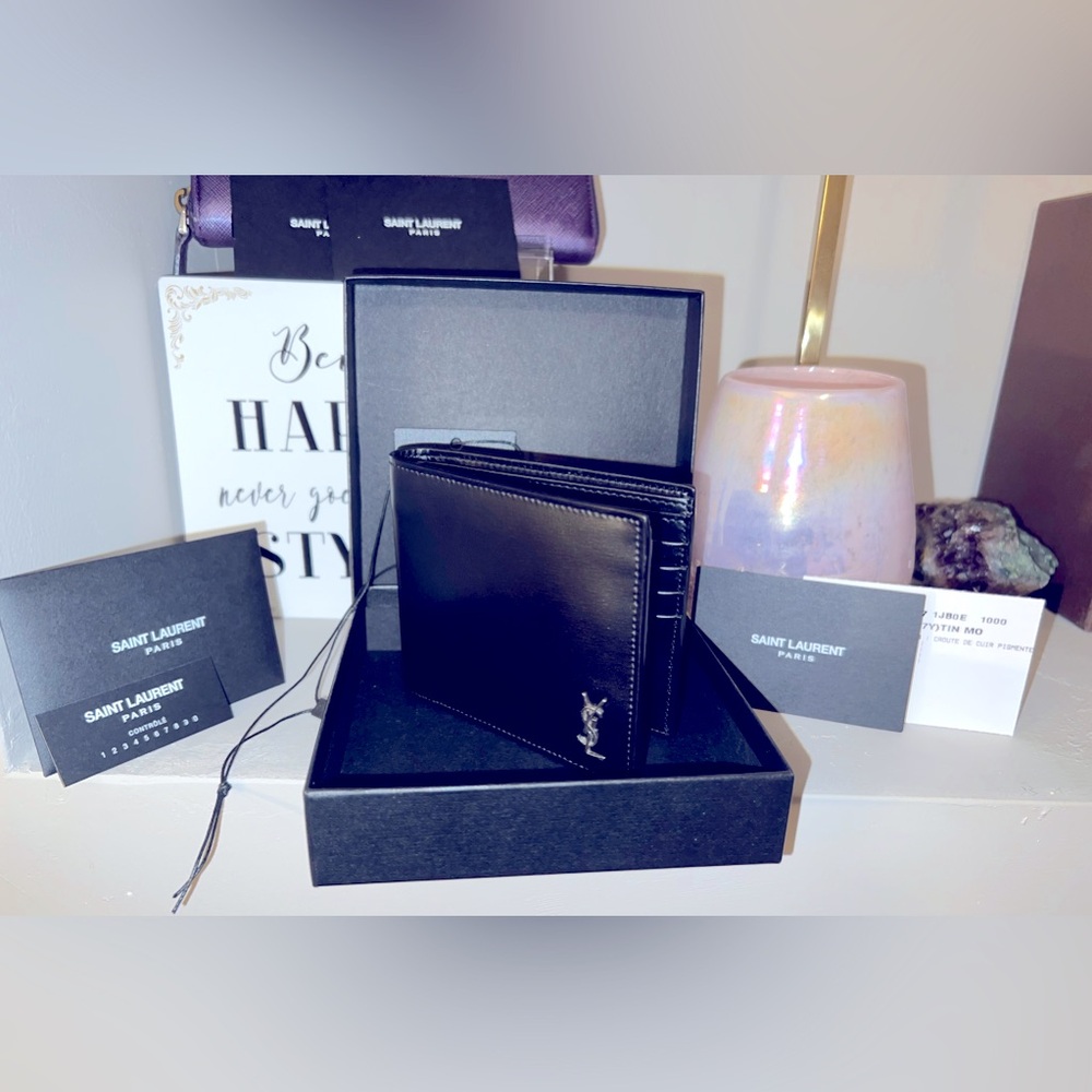 YSL black leather mens wallet! Comes with box, tags, & paperwork in photos!